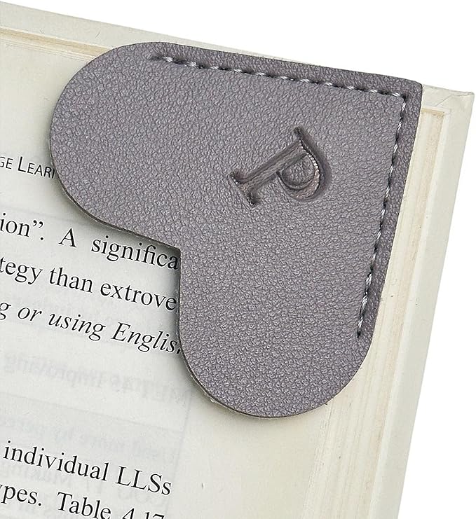 MOTEERLLU Personalized Leather Heart Bookmark with Initial, Cute Letters Custom Corner Book Mark for Reading Women, Teacher, Student, Book Lovers Gifts, Book Accessories (Grey, P)