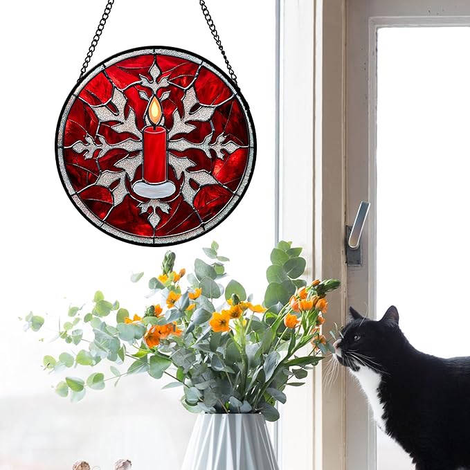 Stained Glass Window Hanging 4 Pcs Set Red Christmas Decorations Theme 6.3" - Suncatcher Door Garden Sun Catcher Decor Birthday for Mom Woman Nana Men Friend Wife