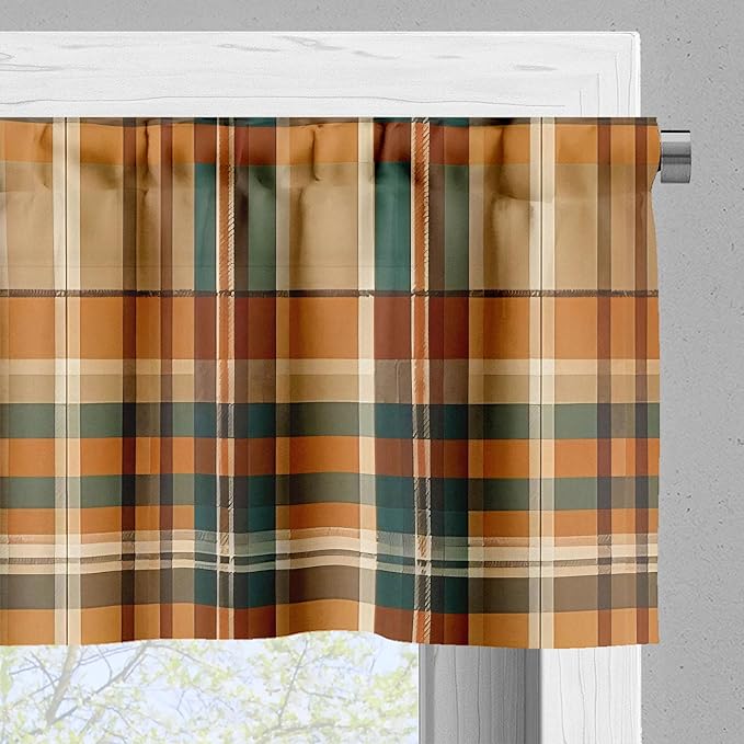Ambesonne Autumn Plaid Window Valance Pack of 2, Fall Harvest Traditional Buffalo Tartan Lines Thanksgiving Art, Rod Pocket Curtain Valances Kitchen Bedroom, 54" X 18",Orange Tan Grey Teal