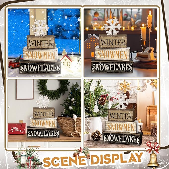 4 Pcs Winter Table Decorations Wooden Snowflake Decor Christmas Tiered Tray Decor Rustic Snow Block Signs Gift Farmhouse Christmas Centerpiece for Winter Wonderland Party Kitchen Shelf Home