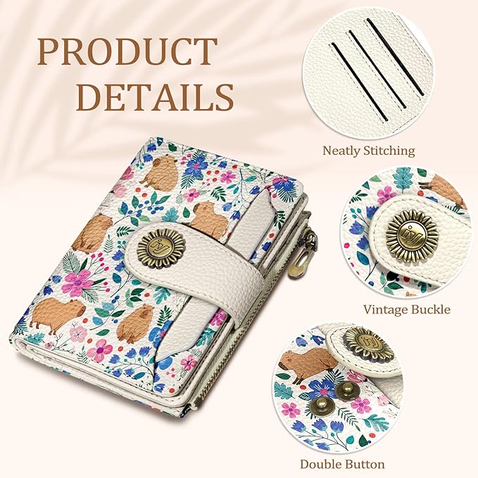 Cute Capybara Wallet Women Small RFID Blocking Bifold, Credit Card Holder, Zipper Coin Pocket, PU Leather, Compact, Travel, 4 ID Window, 14 Card Slots, Cash Purse, Ladies Woman Female Girls