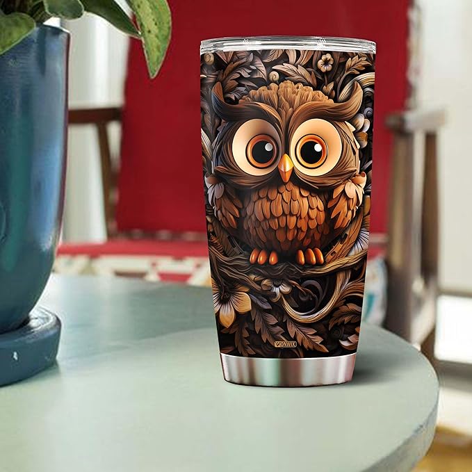 Owls Gifts for Women Girl 20oz Stainless Steel Insulated Tumbler Owl Wood Drawing Coffee Travel Mug Cup Water Bottle Gift for Her Mom Wife Daughter Birthday Christmas