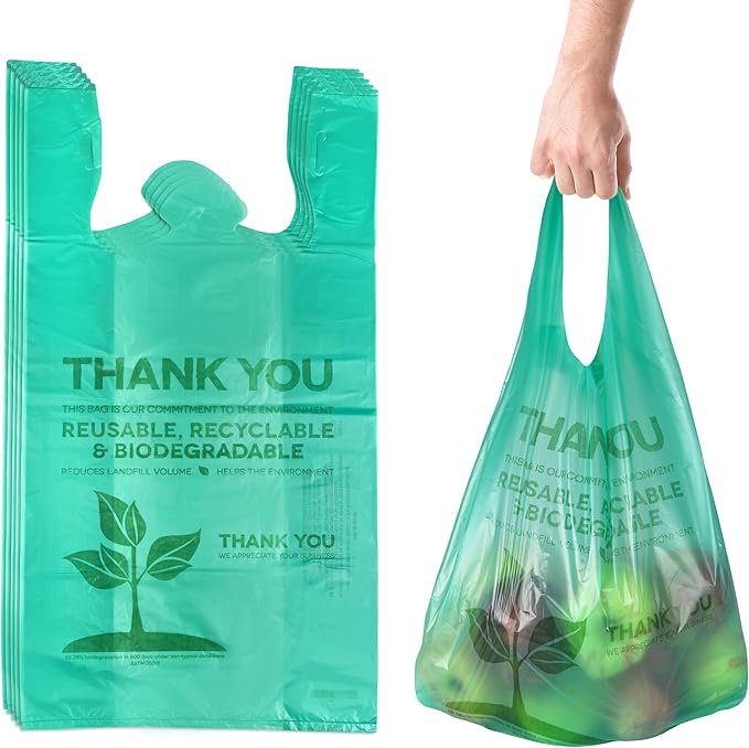 KitchenDine Eco Green Plastic Bags - 100 Count Biodegradable Shopping Bags-Thank You - 22" x 12" Carry Out Bag. (100)