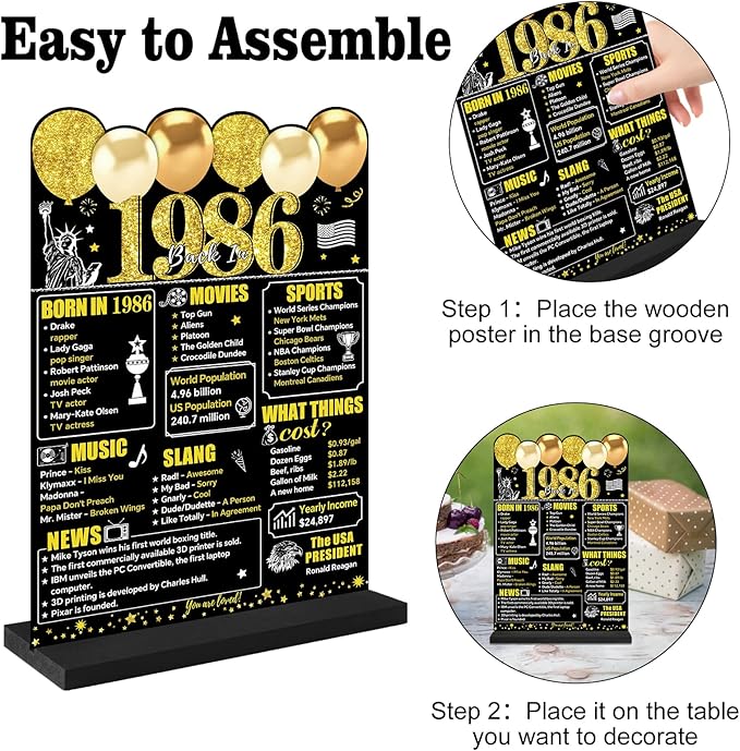 Black Gold 40th Birthday Decorations Gifts for Men Women, Two-Sided Vintage 40 Back in 1986 Theme Poster Wooden Table Sign with Stand, Forty Years Old Bday Centerpieces Holder for Table Decor