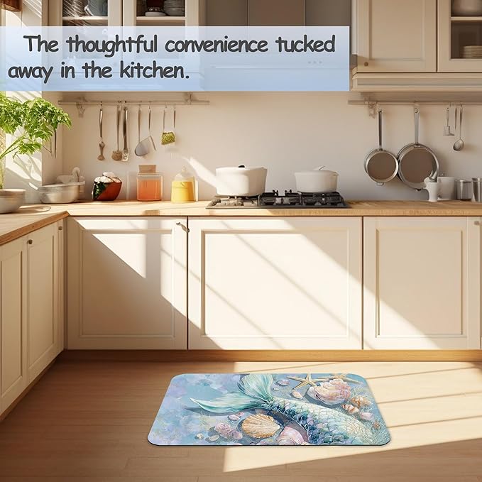 Bathroom Rug 29.5"x17",Mermaid Shell Bath Mat with Non-Slip Rubber Backing, Quick-Drying Absorbent Thin Floor Mat for Bathroom, Shower, Sink, or Kitchen