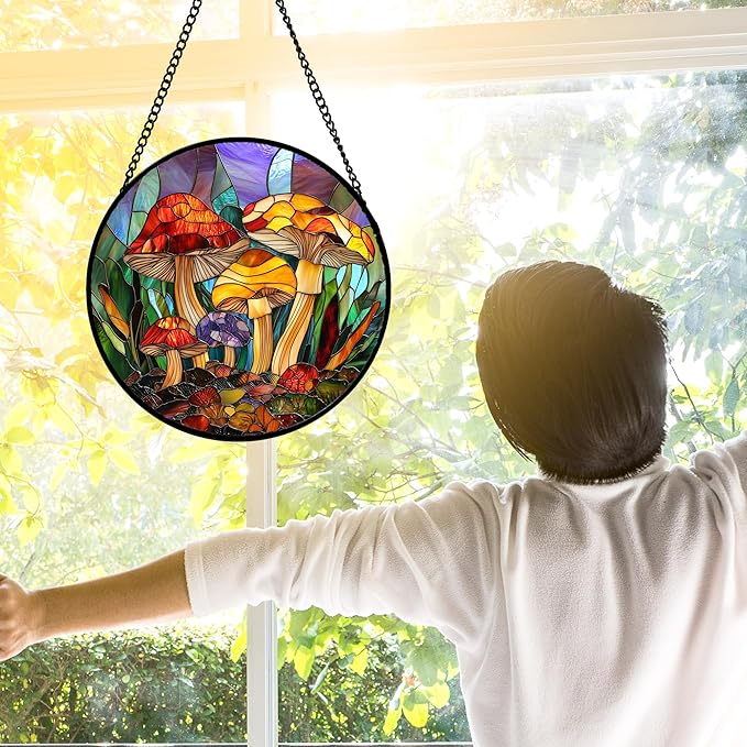 Stained Glass Window Hanging, Jungle Mushrooms Sun Catchers Diamond Glass Panel Hangings Plant Suncatcher Decor for Birthday for Women, Men, Wife, Aunt, and Mom 11.8x11.8 in