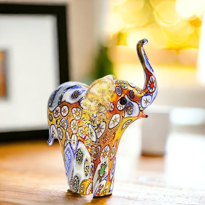 Handmade Authentic Murano Glass Millefiori Mosaic Elephant Figurine, 3.5" Tall, 24K Gold Foil Finish, Cute Glass Elephant Figurine, Collectible, Animal Ornament Gift Decor, Made in Italy