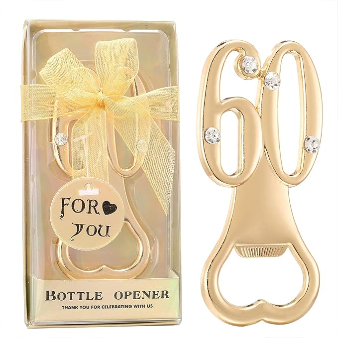24 pcs Golden 60 Bottle Openers for Guests 60th Birthday Party Favors Rhinestones Decorations for Birthday souvenirs Keepsake for Guests(Gold, 60 style)