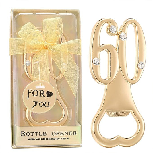 24 pcs Golden 60 Bottle Openers for Guests 60th Birthday Party Favors Rhinestones Decorations for Birthday souvenirs Keepsake for Guests(Gold, 60 style)