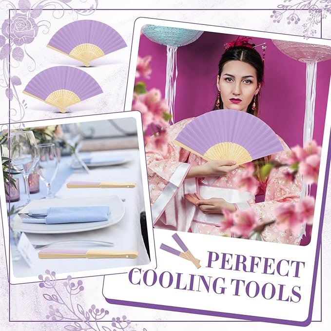 Yinkin 24 Pack Folding Fans Bamboo Handheld Folded Craft Hand Japanese Chinese Fans for Weddings Bridal Dancing Church DIY Decoration Women Gift Party Favors (Light Purple)