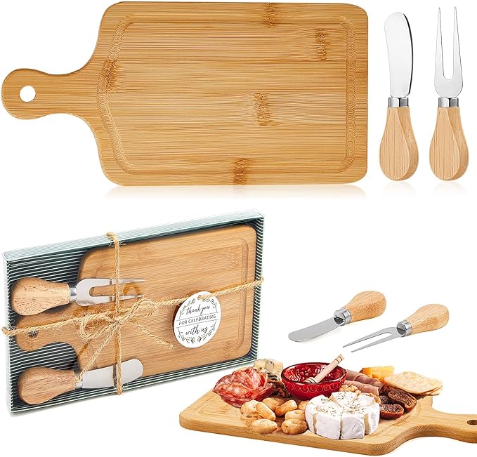 2 Set Bridal Baby Shower Cheese Prizes Wooden Square Board Gift Set Knives Forks Thank You Tags with Box for Guests for Valentines Bridal Baby Shower Housewarming Gifts (Bamboo Color)