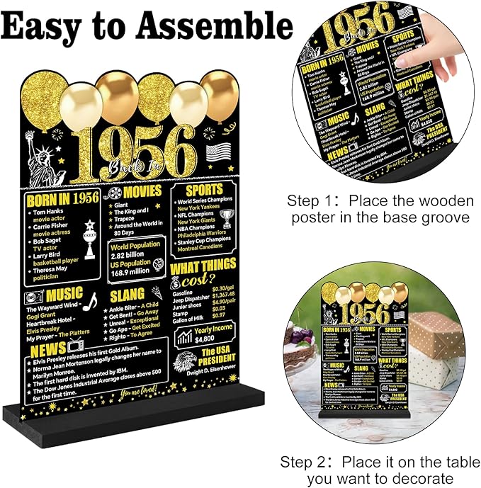 Black Gold 70th Birthday Decorations for Men Women, Two-Sided Vintage 70 Back in 1956 Theme Poster Wooden Table Sign with Stand, Seventy Years Old Bday Centerpieces Holder for Table Decor