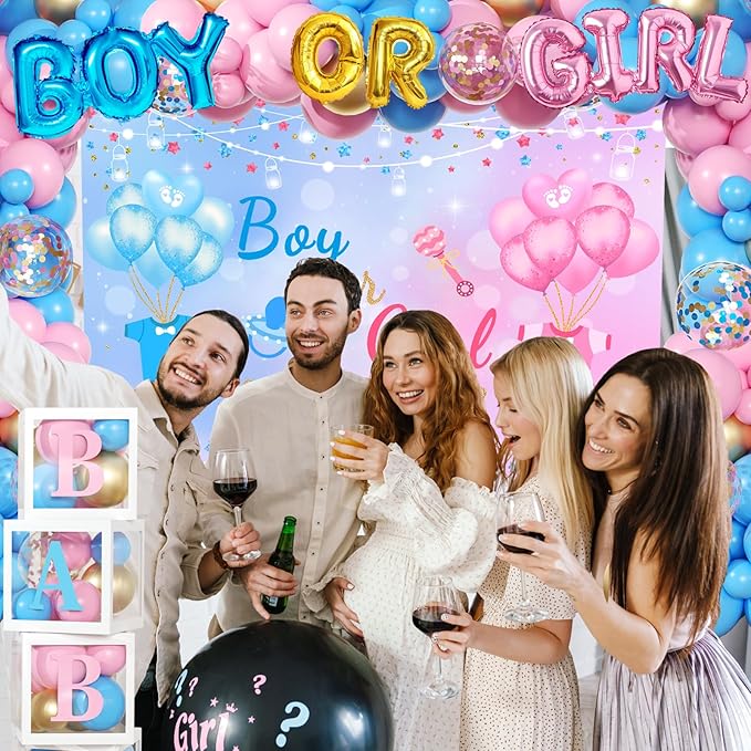Gender Reveal Balloon Boxes Decorations - 138pcs Pink Blue Balloon Garland Kit, 4pcs Baby Box With Letters, Boy or Girl Backdrop for Baby Shower, Boy or Girl Gender Reveal Party Supplies