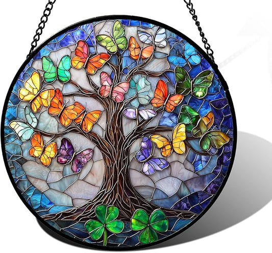 Stained Glass Window Hanging, Butterfly Tree Clover Sun Catchers Glass Panel Blue Suncatcher Decor for Birthday for Women, Men, Wife, Aunt, and Mom 6.3 in