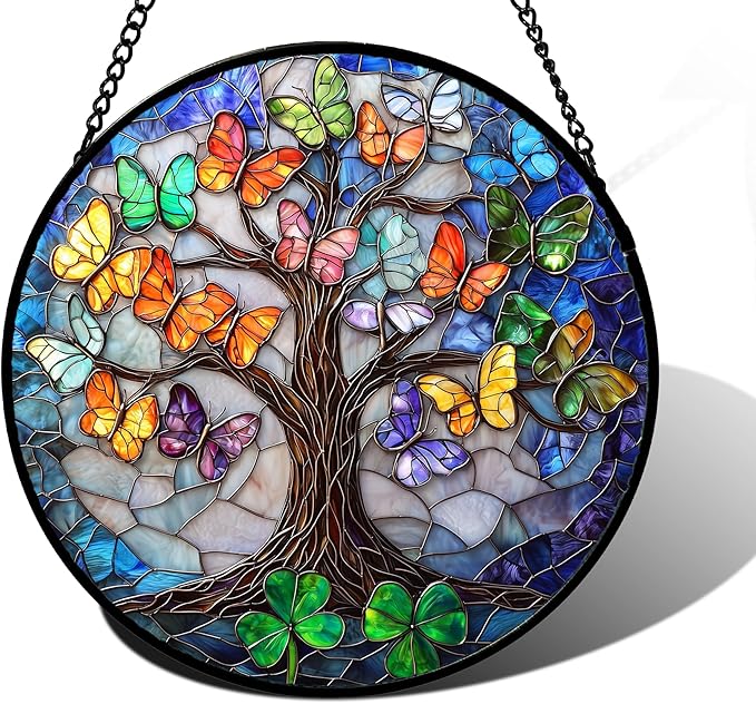 Stained Glass Window Hanging, Butterfly Tree Clover Sun Catchers Glass Panel Blue Suncatcher Decor for Birthday for Women, Men, Wife, Aunt, and Mom 7.8 in