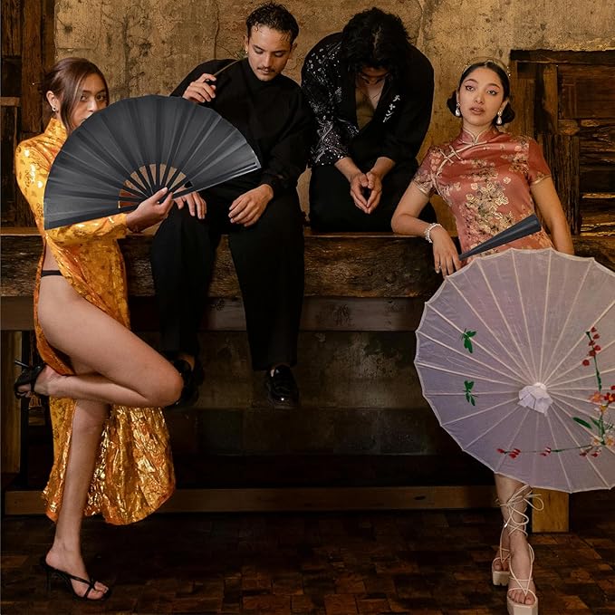 2pcs Large Black Folding Fans Handheld Nylon Cloth Classical Fans with Holder Sleeve Chinese Kung Fu Fan for Festival Performance Dance Decorations Gifts