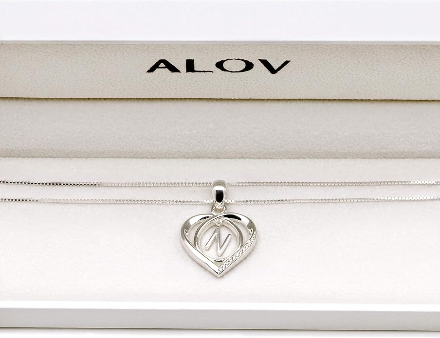 ALOV Jewelry Sterling Silver Initial Letter Alphabet Love Heart Cubic Zirconia Pendant Necklace