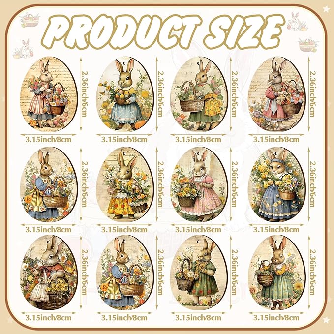 Yookeer 36 Pcs Vantage Easter Wooden Ornaments Retro Easter Decorations for Tree Bunny Ornaments Egg Shape Wood Cutouts with Rope Bunny Mini Signs Hanging Spring Decoration for Small Tree Home Indoor