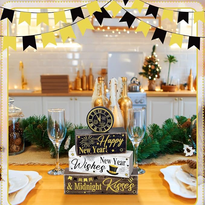4 Pcs New Year Table Decoration Eve Party Supplies 2026 Gold Black Tiered Tray Decor Happy New Year Centerpiece Rustic Decorative Clock Block Signs Gift for Home Eve Party Decoration