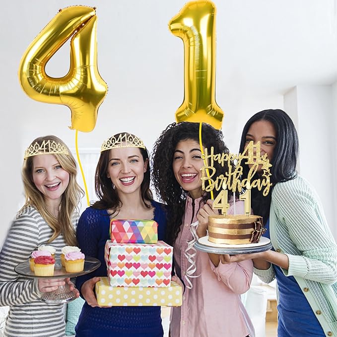 41st Birthday Decorations for Women Gold with 41st Birthday Sash and Tiara, Cake Topper and Candles, Number Balloons, 41 Year Old Gifts for Women