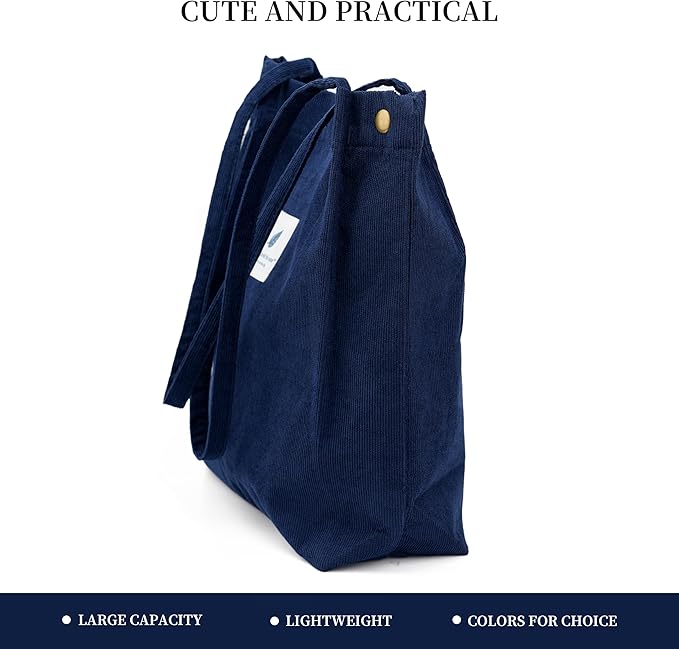 Corduroy Tote Bag Cute Tote Bags for Women Shoulder Bag with Inner Pocket for Work Beach Travel and Shopping Grocery