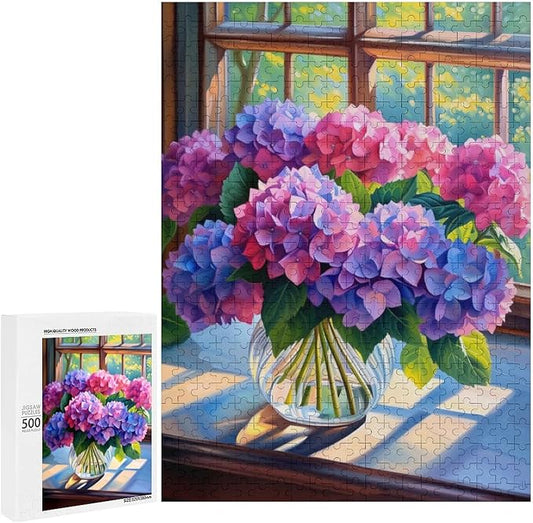 Puzzles for Adults 500 Pieces Wooden Jigsaw Puzzle - Hydrangea Bouquet Theme Puzzle，Party Games，Family Toys，Educational Puzzles，Stress Relief Wooden Puzzle，Gifts for Family，Colleagues and Friends