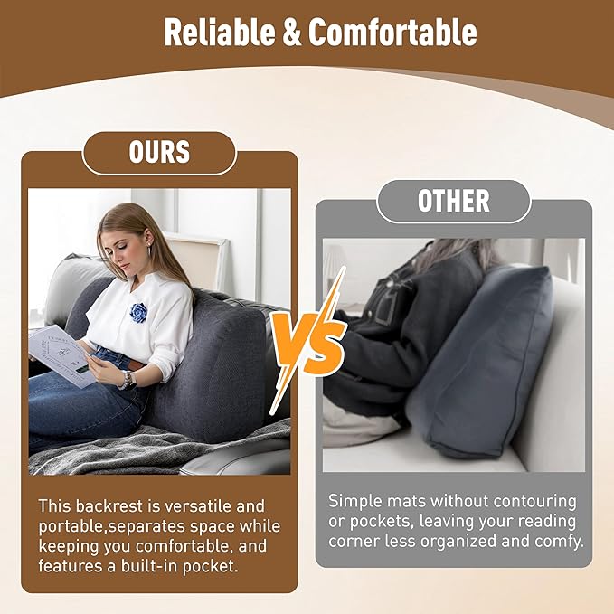 Reading Pillow for Couch, Bed Rest Back Pillow with Front Pocket, Comfortable Back Pillows for Sitting in Bed, Daybed, Tatami, Living Room