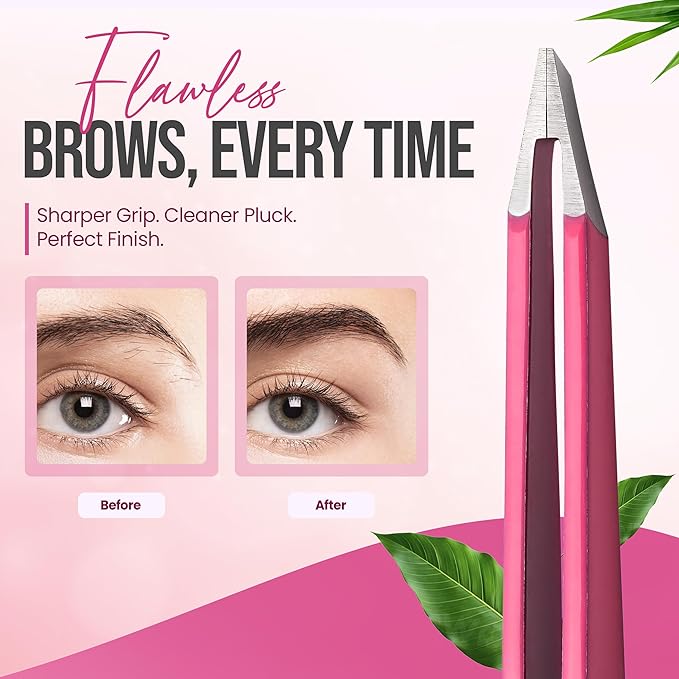 Slanted Stainless Steel Tweezers for Men & Women - Precision Eyebrow Tweezers for Facial Hairs, Strong Grip, Fine Tip, Professional Tweezer for Plucking & Grooming (Neon Pink)