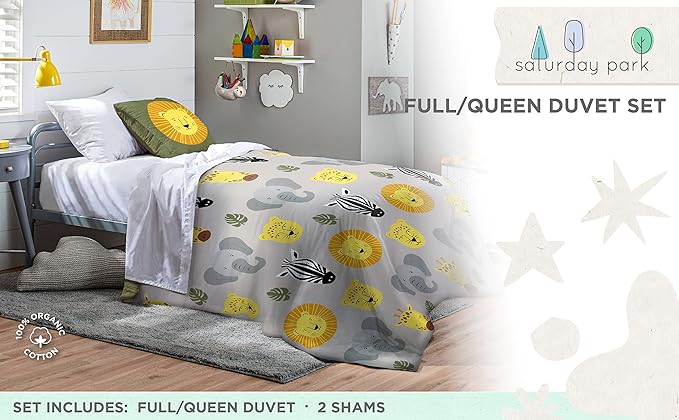 Saturday Park Safari Friends Full/Queen Duvet Cover & Sham Set - 3 Piece 100% Organic Cotton Duvet Set - GOTS & Oeko-TEX Certified