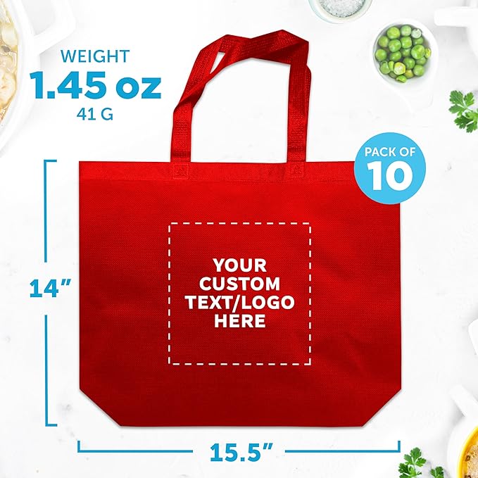DISCOUNT PROMOS Custom Jumbo Sized Tote Bags Set of 10, Personalized Bulk Pack - Reusable Grocery Bags, Shopping Bags, Promotional Item Totes for Women - Red