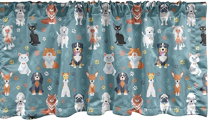 Ambesonne Animal Print Window Valance Pack of 2, Pet Lover Pattern Different Species of Cats and Dog Colorful Paw Prints, Rod Pocket Curtain Valances for Kitchen Bedroom, 54" X 12", White Teal