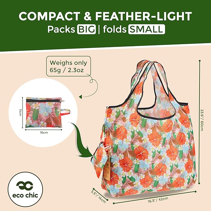 ECO CHIC Foldable Reusable Large Grocery Bags - Foldable Grocery Bags - Lightweight, Recycled & Reusable Shopping Bag - Waterproof, Packable Tote Fitting in Fine Grocery Bag Carrier