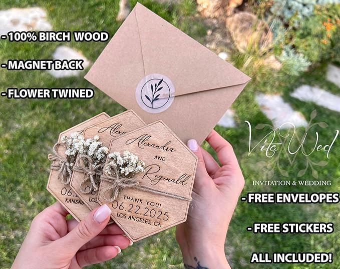 Wooden-Floral Personalized Wedding Favors for Guests, Wedding Party Favors Magnets with Envelopes and Stickers, Pack of 12 to 300