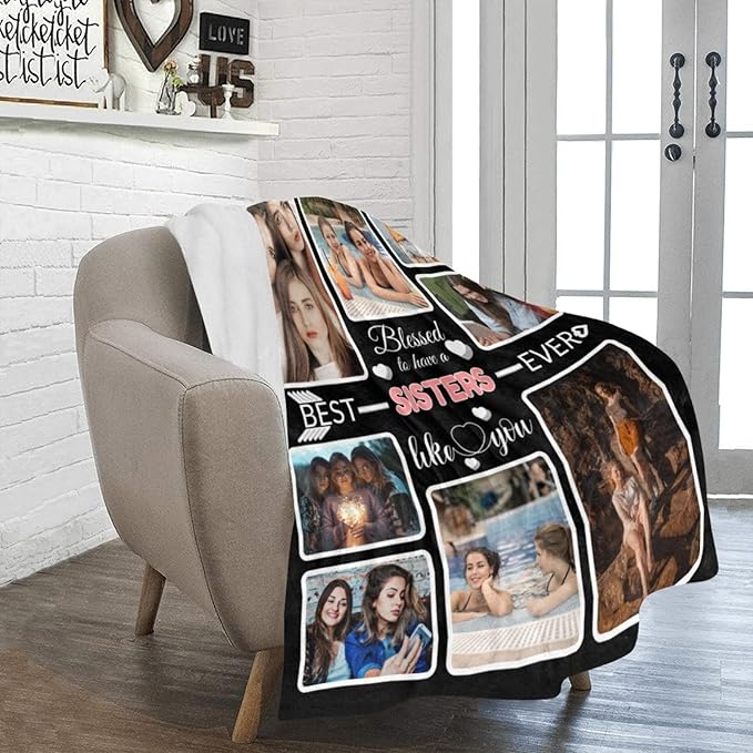 Custom Blanket Gifts with Photos, Personalized Bed Throws for Sisters, Custom Souvenir Throw Blanket for Best Sisters, 8 Collages Made in USA