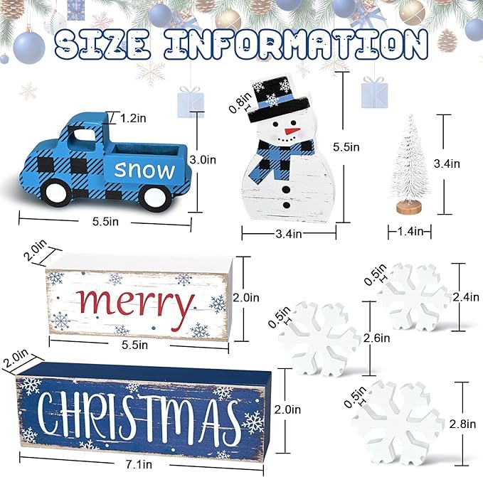 Yinhua Christmas Decorations Indoor, Christmas Table Decor, Blue Truck Snowman Decorations with Xmas Tree & Snowflakes, Farmhouse Wooden Block Sign, Xmas Mantel Decor for Tiered Tray, Desk, Bookshelf