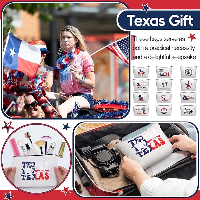 12 Pcs Texas Souvenirs Gifts Novelty Cosmetic Makeup Bag Gift Red White Blue Zipper Pouch Bag Texas State Independence Day Gifts for Women Home Birthday Party Favors