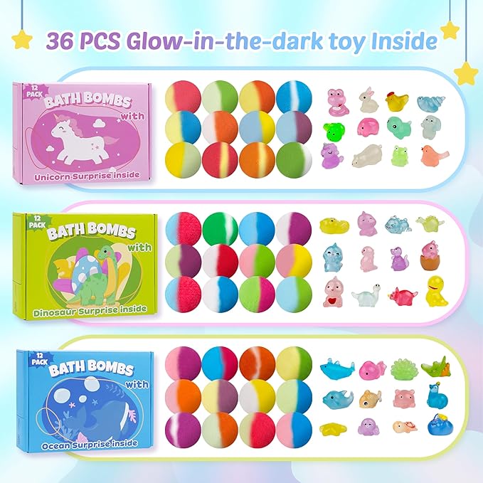 Bath Bombs for Kids with Toy Inside, 36 Pcs Bath Bombs with Glow in The Dark Dinosaur, Animal and Ocean Surprise Inside, Handmade Organic Bubble Bath Ball Gift Set for Birthday, Easter, Christmas