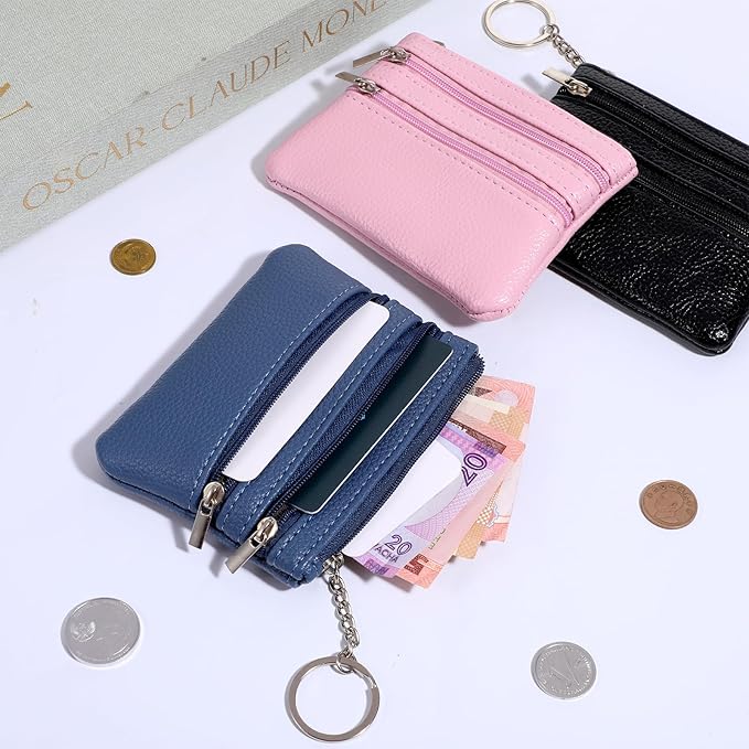 3 PCS Coin Purse Pouch Change Card Holder Wallet Mini Zipper Pouch with Keychain for Women and Men (Black, Blue, Pink)