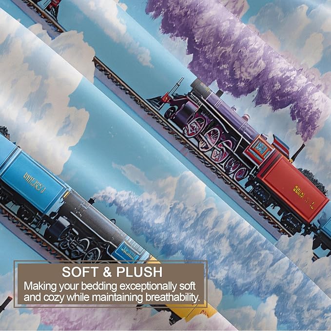Vintage Steam Train Duvet Cover Twin Size Colorful Cartoon Train Bedding Set Cloud Railway Comforter Set Railway-Themed Comforter Cover with Pillowcases for Bedroom