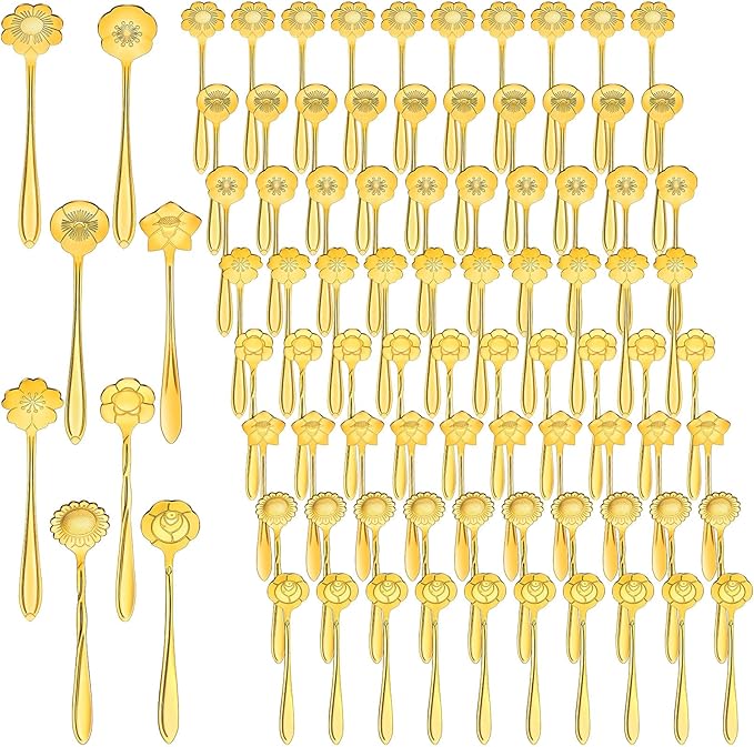 Eboot 80 Pcs Gold Flower Teaspoon Stainless Steel Tea Party Spoons Mini Cute Teaspoon for Stirring Coffee Sugar Drink Demitasse Kitchen Bar Tableware Party Favors Decorations