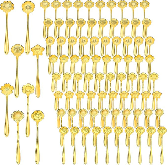 Eboot 80 Pcs Gold Flower Teaspoon Stainless Steel Tea Party Spoons Mini Cute Teaspoon for Stirring Coffee Sugar Drink Demitasse Kitchen Bar Tableware Party Favors Decorations
