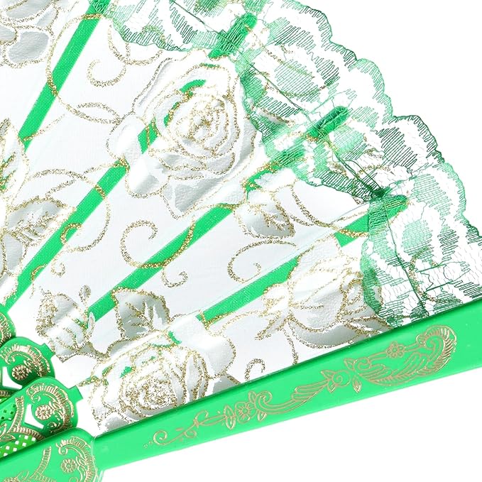 QIRMIZI 10 Pcs Rose Lace Folding Fans,Silk Folding Hand Fans, Perfect for Weddings, Parties, and Dancing,Green