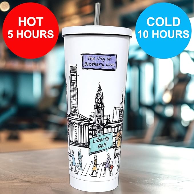 Cities Around the World 25 Oz Tumbler Series- Designed in the USA- Vacuum Insulated Tumbler with Lids Straw - Stainless Steel Coffee Water Travel Mug, Cup for Hot Cold Drink (Philadelphia)