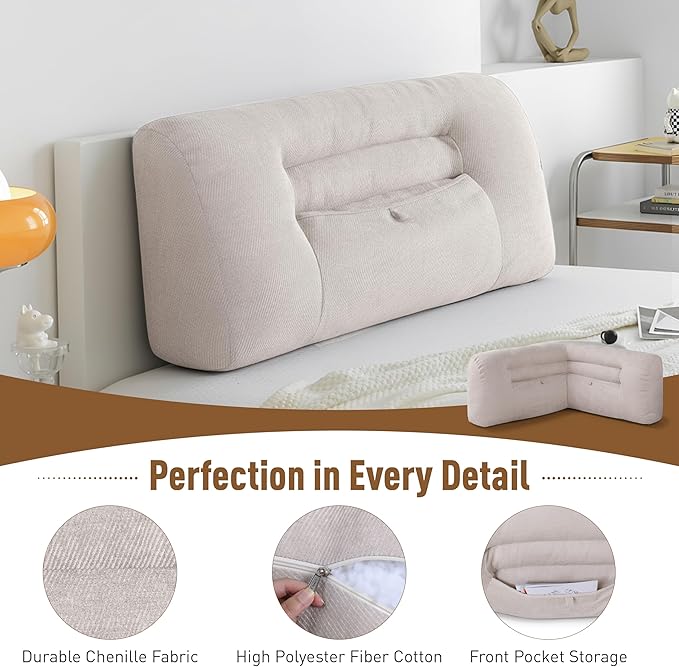 Reading Pillow for Couch, Bed Rest Back Pillow with Front Pocket, Comfortable Back Pillows for Sitting in Bed, Daybed, Tatami, Living Room