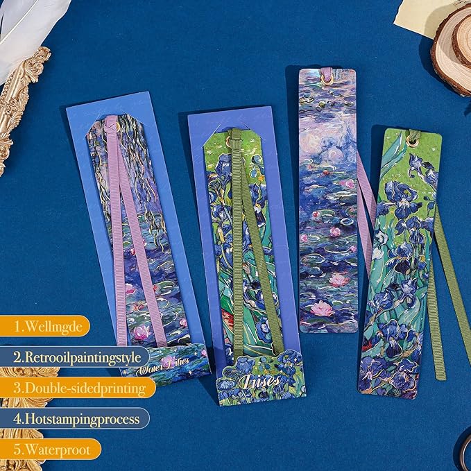 2Pcs Oil Painting Bookmarks for Women, Bookmarks Set for Book Lover, Book Marks for Reading, Vintage Book Marks for Kids Students Classroom Gift for Teacher Iris & Water Lily