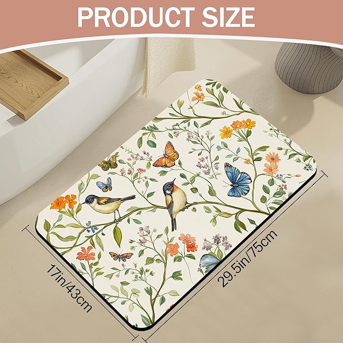 Diatomaceous Earth Bath Mat,Watercolor Birds Butterfly Bath Rugs,Non-Slip Thin Absorbent Fast Drying Easy to Clean for Bathroom Laundry Home Kitchen Door Mat 17x29.5Inch