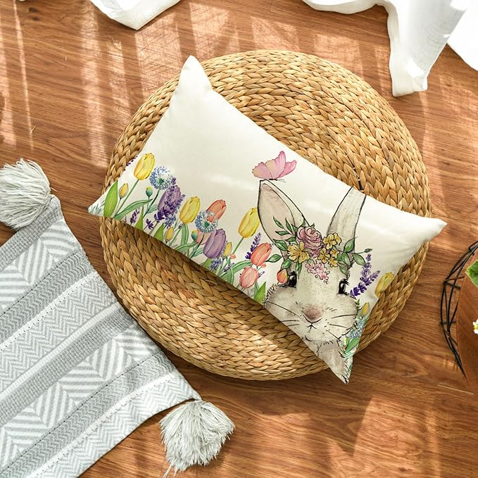 AVOIN colorlife Easter Floral Tulip Garland Bunny Throw Pillow Cover, 12 x 20 Inch Spring Rabbit Holiday Cushion Case Decoration for Sofa Couch