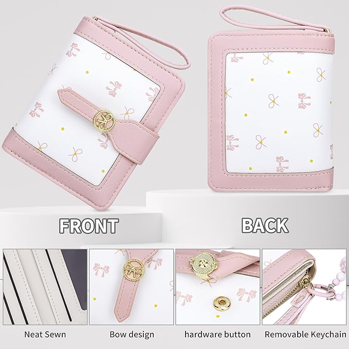 Womens Wallet Cute Small Wallets for Women Pink Coquette Minimalist Ladies Purse with Key Chain Wallet Bow Design Mini Kawaii Coin Purse with ID Window