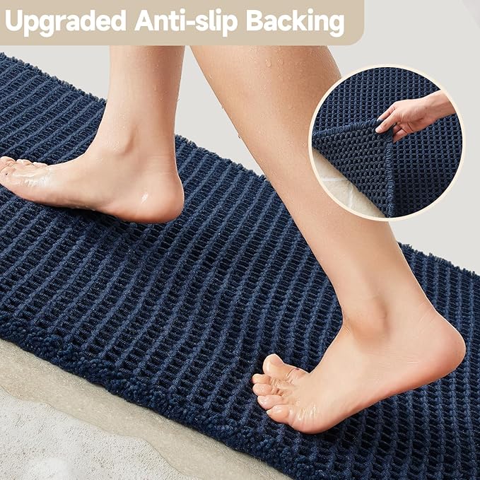 Waffle Runner Rug Bathroom, Long Boho Bathroom Rugs Non Slip Washable Super Absorbent Quick Dry Farmhouse Bath Decor, 60"x24" Navy Blue