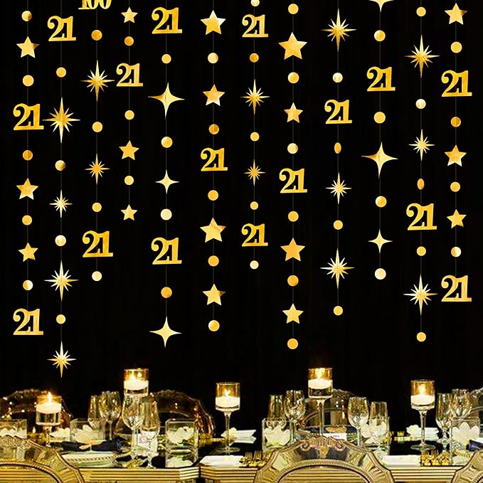 Gold 21st Birthday Decorations Number 21 Circle Dot Twinkle Star Garland Metallic Hanging Streamer Banner Backdrop for Girls Boys Cheers to 21 Years Finally Legal Bday 21st Anniversary Party Supplies